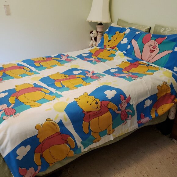 Vintage Disney Winnie the Pooh & Piglet Bed Flat Sheet & 2 Pillowcases - Picture 1 of 9